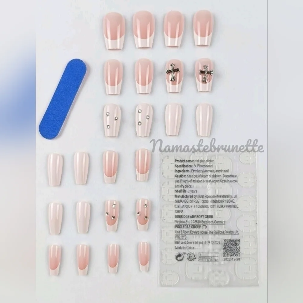 2/$16 Rhinestone Cross French Manicure Press on Nails